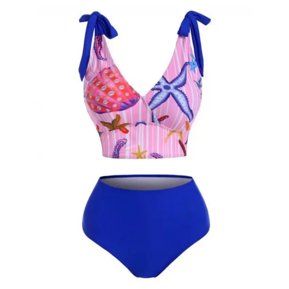 🚨🆑️✂️ Marine Striped Tie Shoulder High Waisted Tankini | Navy Blue Pinks Red